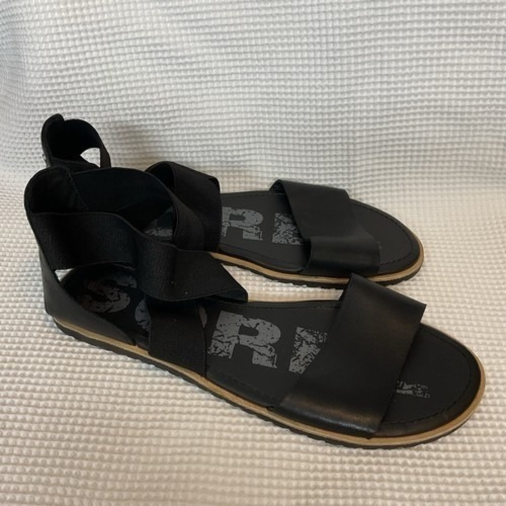 NWOB Sorel Ella Black Gore Straps Flat Sandals Women 11M Vietnam Leather
